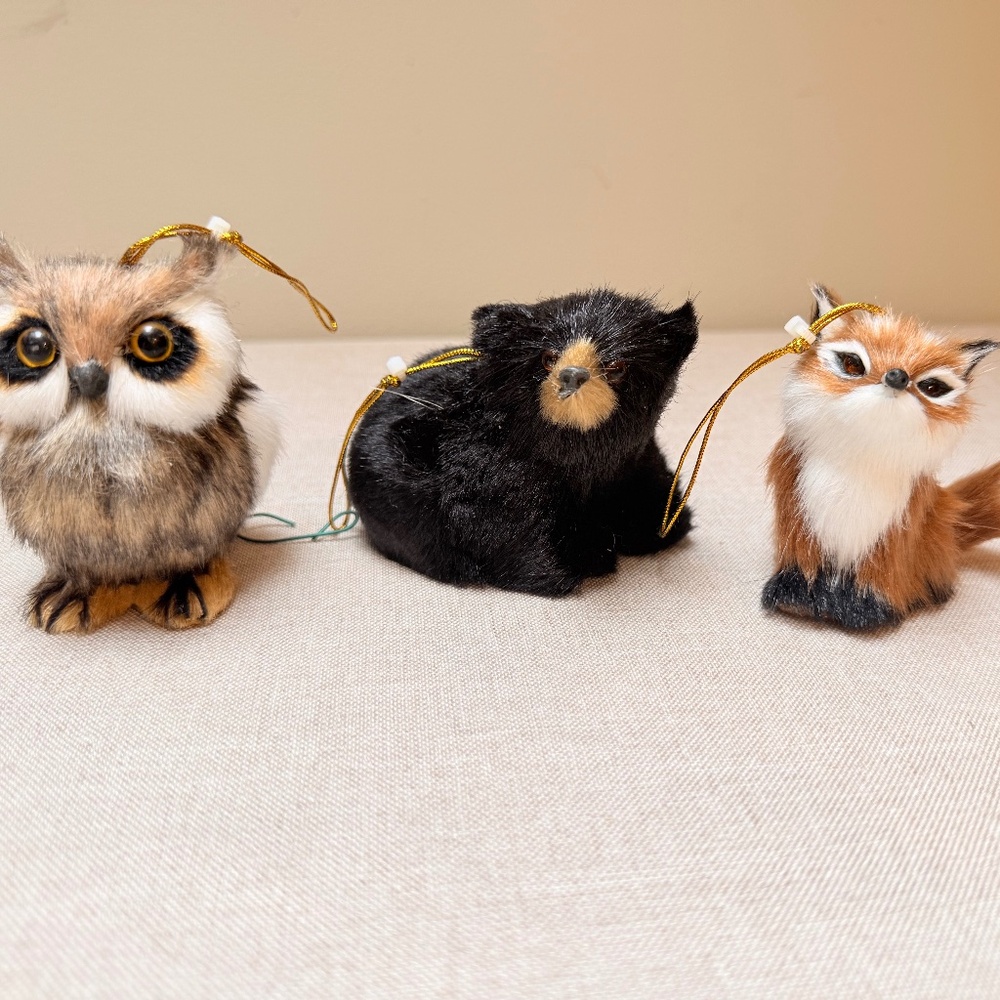 Lot of 3 Faux Fur Woodland Forest Animals Owl Fox Bear